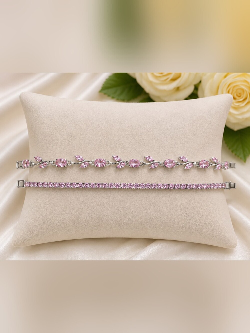 Elegant Pink Crystal Tennis & Leaf Bracelet Set